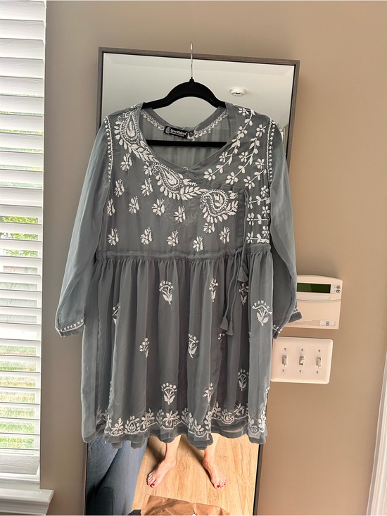 Seva Chikan Tops - Seva Chikan Tunic Top: Hand Embroidered Indian Kurti Size L